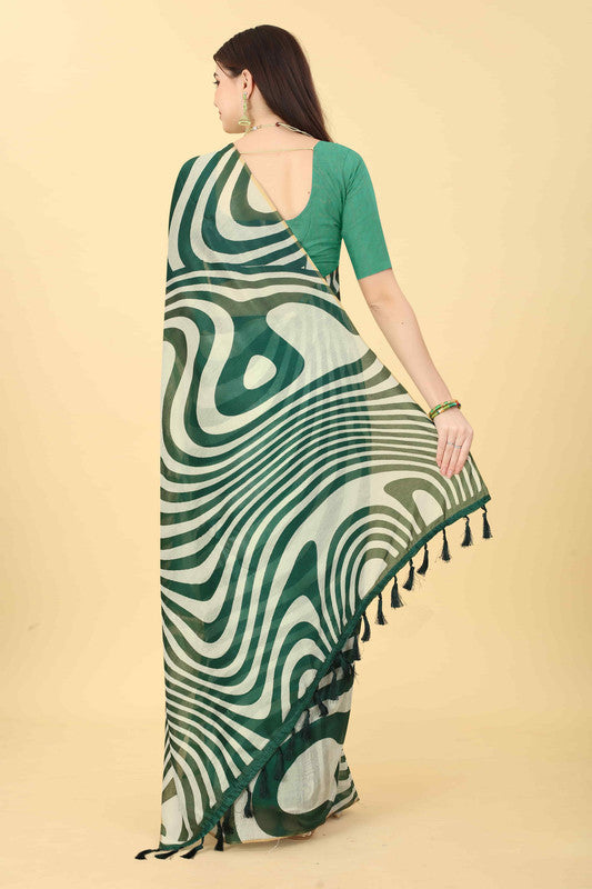 Green Cotton Blend Printed Striped Saree with Unstitched Blouse - Hiral Fashion - Distacart