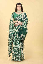 Thumbnail for Green Cotton Blend Printed Striped Saree with Unstitched Blouse - Hiral Fashion - Distacart
