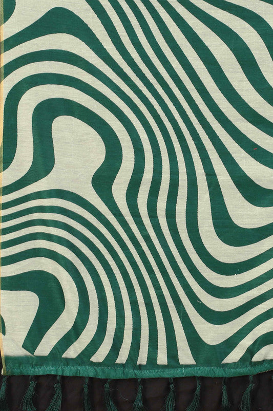 Green Cotton Blend Printed Striped Saree with Unstitched Blouse - Hiral Fashion - Distacart