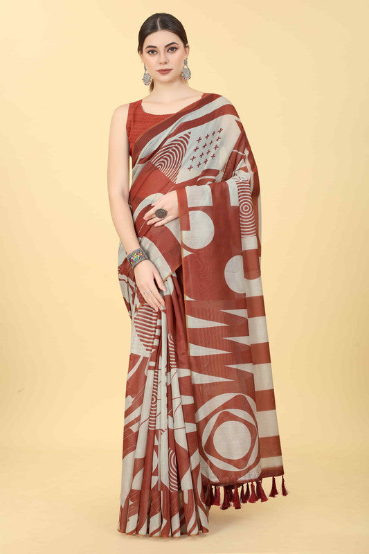 Maroon Cotton Blend Printed Geomatric Saree with Unstitched Blouse - Hiral Fashion - Distacart
