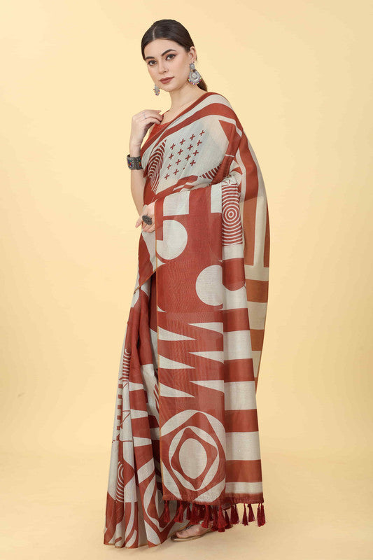 Maroon Cotton Blend Printed Geomatric Saree with Unstitched Blouse - Hiral Fashion - Distacart
