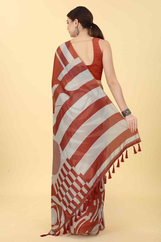 Maroon Cotton Blend Printed Geomatric Saree with Unstitched Blouse - Hiral Fashion - Distacart