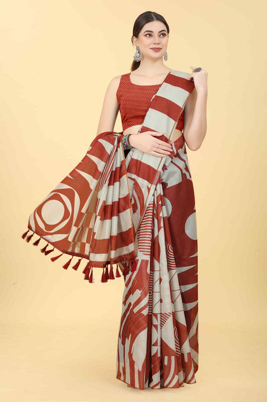 Maroon Cotton Blend Printed Geomatric Saree with Unstitched Blouse - Hiral Fashion - Distacart