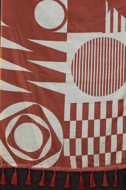 Maroon Cotton Blend Printed Geomatric Saree with Unstitched Blouse - Hiral Fashion - Distacart