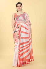 Thumbnail for Red Cotton Blend Printed Striped Saree with Unstitched Blouse - Hiral Fashion - Distacart