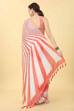 Thumbnail for Red Cotton Blend Printed Striped Saree with Unstitched Blouse - Hiral Fashion - Distacart