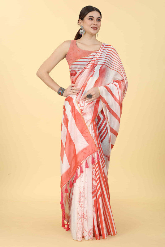 Red Cotton Blend Printed Striped Saree with Unstitched Blouse - Hiral Fashion - Distacart