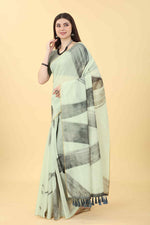Thumbnail for White Cotton Blend Printed Striped Saree with Unstitched Blouse - Hiral Fashion - Distacart