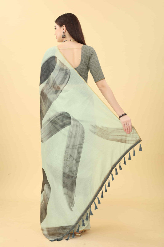 White Cotton Blend Printed Striped Saree with Unstitched Blouse - Hiral Fashion - Distacart