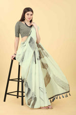 Thumbnail for White Cotton Blend Printed Striped Saree with Unstitched Blouse - Hiral Fashion - Distacart