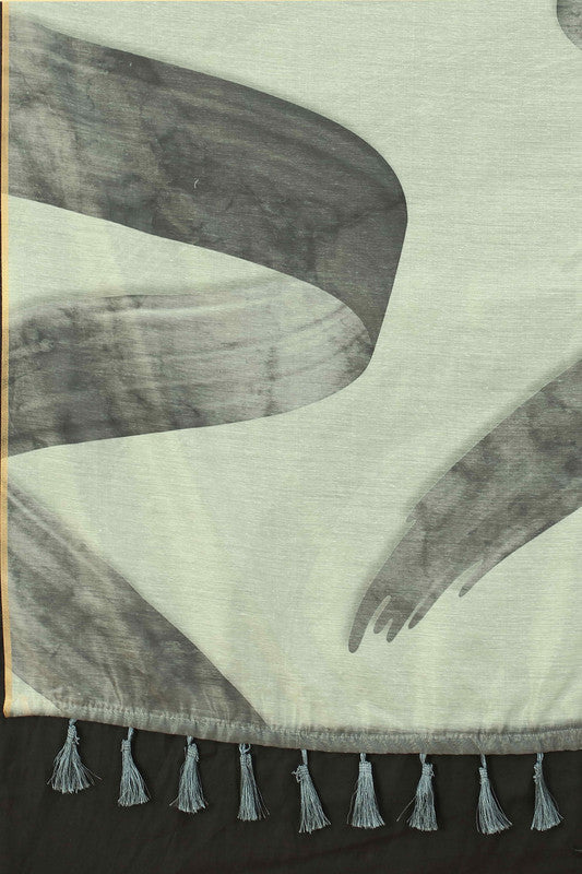 White Cotton Blend Printed Striped Saree with Unstitched Blouse - Hiral Fashion - Distacart