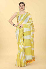 Thumbnail for Yellow Cotton Blend Printed Striped Saree with Unstitched Blouse - Hiral Fashion - Distacart