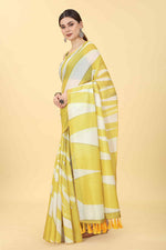 Thumbnail for Yellow Cotton Blend Printed Striped Saree with Unstitched Blouse - Hiral Fashion - Distacart