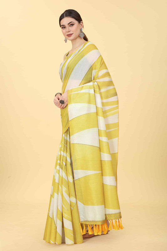 Yellow Cotton Blend Printed Striped Saree with Unstitched Blouse - Hiral Fashion - Distacart