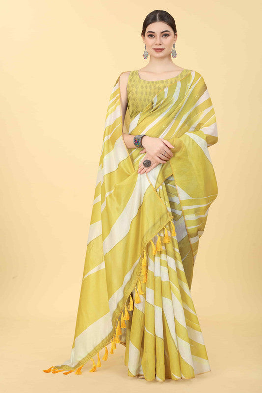 Yellow Cotton Blend Printed Striped Saree with Unstitched Blouse - Hiral Fashion - Distacart