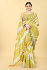 Thumbnail for Yellow Cotton Blend Printed Striped Saree with Unstitched Blouse - Hiral Fashion - Distacart