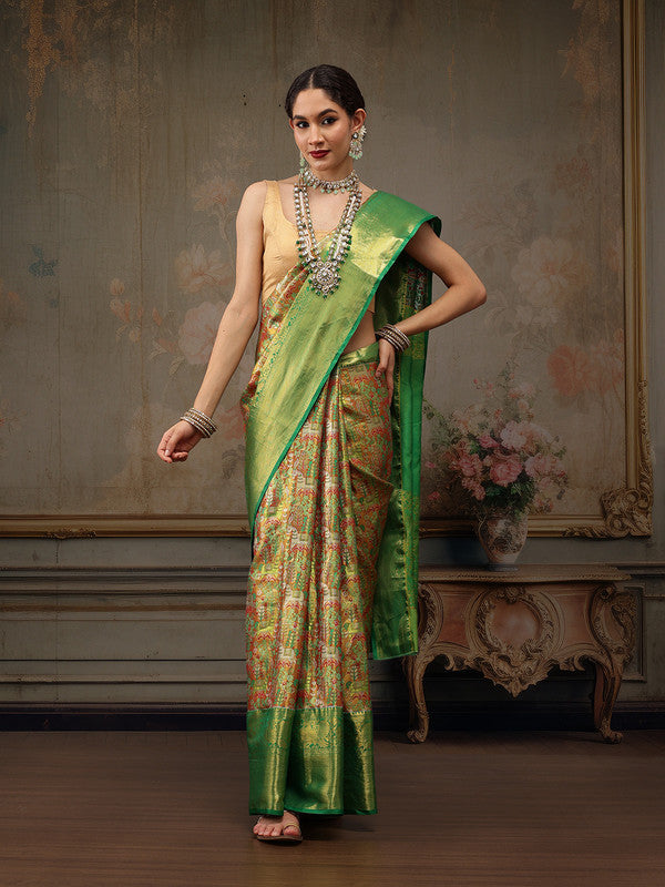 Green Pure Silk Woven Zari Design Ethnic Motifs Saree with Unstitched Blouse - Hiral Fashion - Distacart