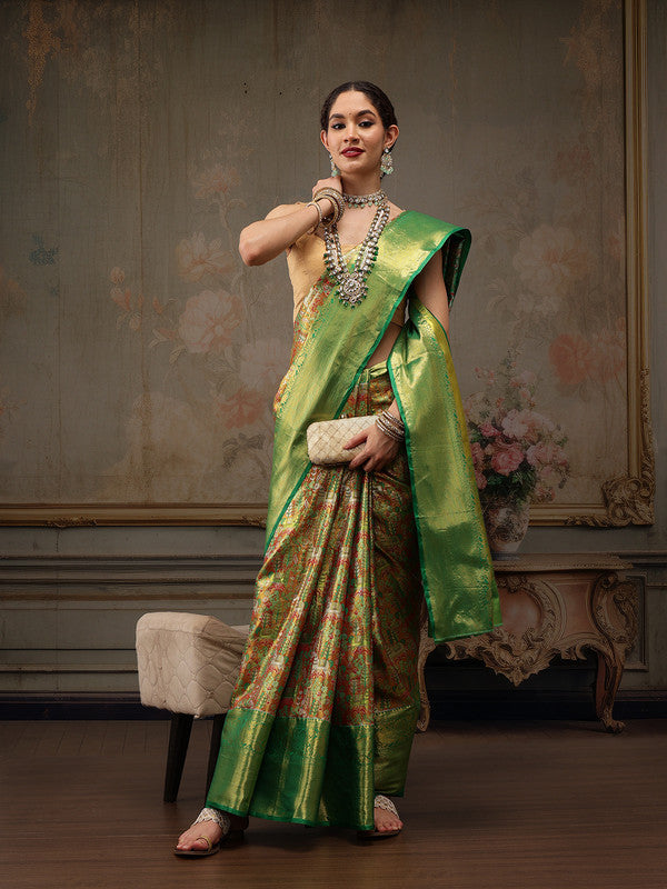 Green Pure Silk Woven Zari Design Ethnic Motifs Saree with Unstitched Blouse - Hiral Fashion - Distacart