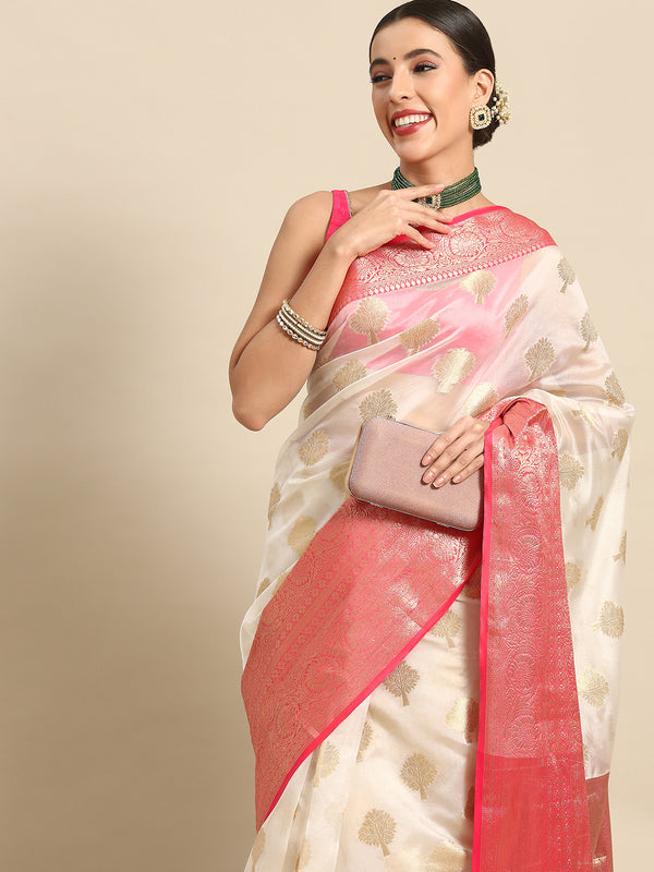 White Silk Blend Woven Zari Design Floral Saree with Unstitched Blouse - Hiral Fashion - Distacart