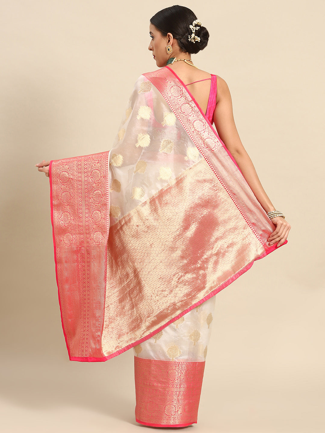 White Silk Blend Woven Zari Design Floral Saree with Unstitched Blouse - Hiral Fashion - Distacart
