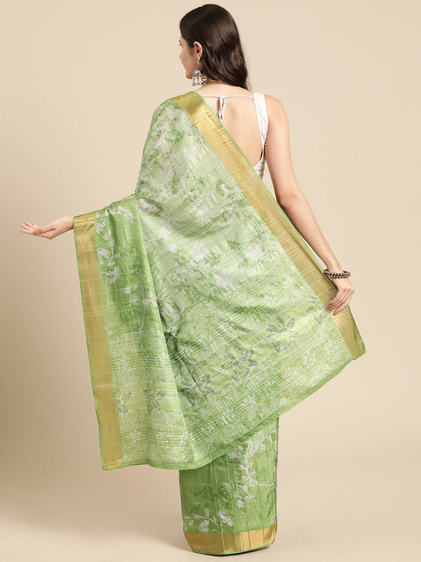 Green Silk Blend Digital Print Floral Saree with Unstitched Blouse - Hiral Fashion - Distacart