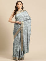 Thumbnail for Gray Silk Blend Digital Print Floral Saree with Unstitched Blouse - Hiral Fashion - Distacart