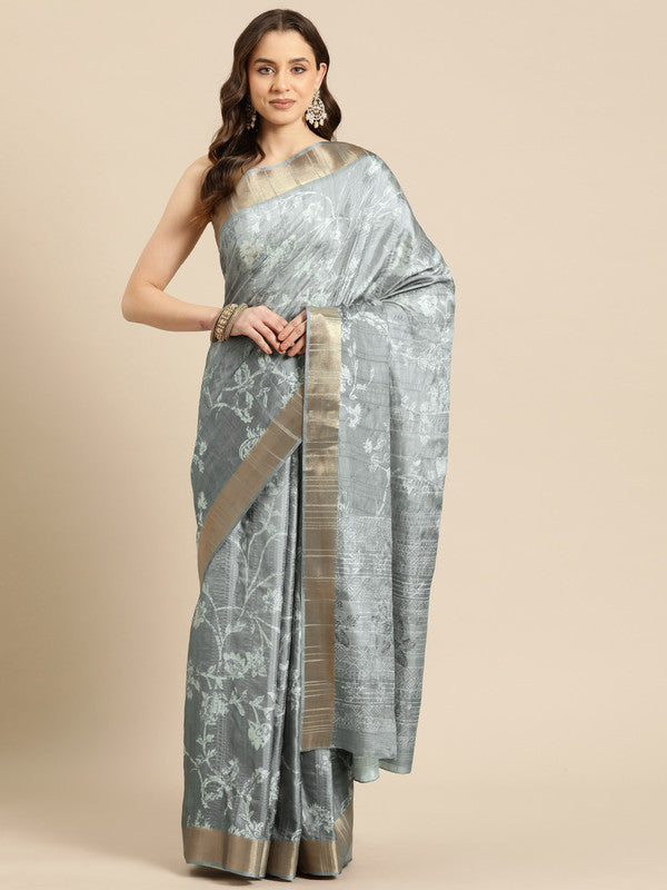 Gray Silk Blend Digital Print Floral Saree with Unstitched Blouse - Hiral Fashion - Distacart