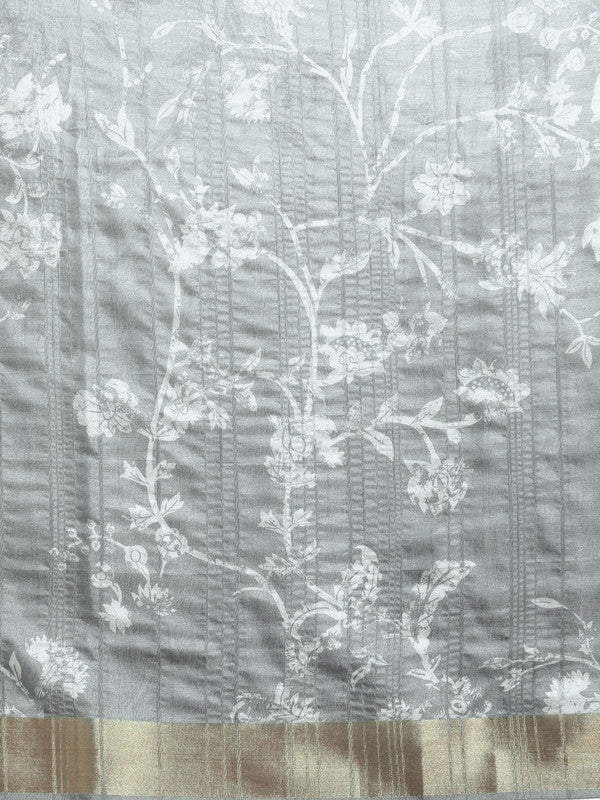 Gray Silk Blend Digital Print Floral Saree with Unstitched Blouse - Hiral Fashion - Distacart