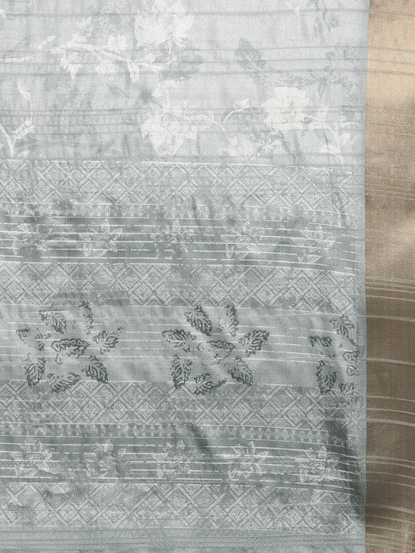Gray Silk Blend Digital Print Floral Saree with Unstitched Blouse - Hiral Fashion - Distacart