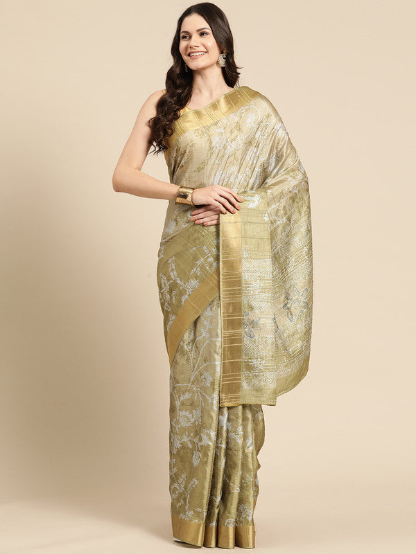 Olive Silk Blend Digital Print Floral Saree with Unstitched Blouse - Hiral Fashion - Distacart