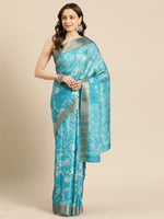 Thumbnail for Turquoise Silk Blend Digital Print Floral Saree with Unstitched Blouse - Hiral Fashion - Distacart