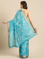 Thumbnail for Turquoise Silk Blend Digital Print Floral Saree with Unstitched Blouse - Hiral Fashion - Distacart