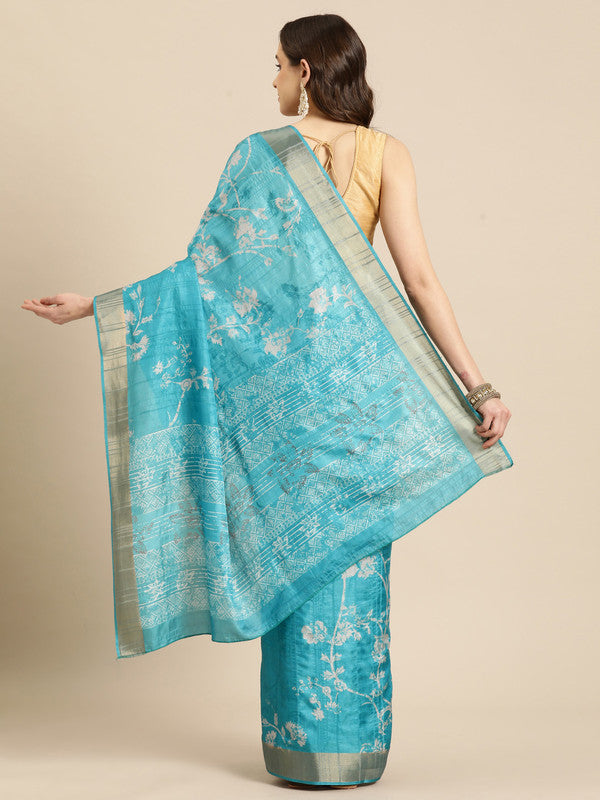 Turquoise Silk Blend Digital Print Floral Saree with Unstitched Blouse - Hiral Fashion - Distacart