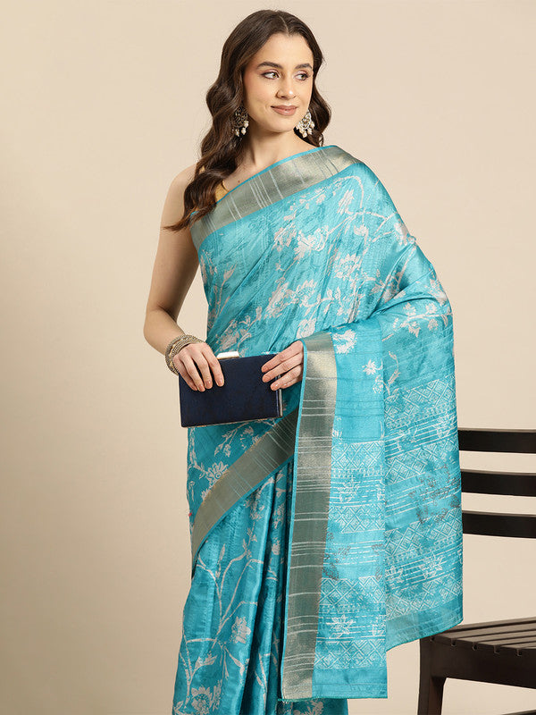 Turquoise Silk Blend Digital Print Floral Saree with Unstitched Blouse - Hiral Fashion - Distacart