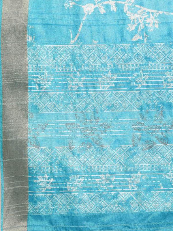 Turquoise Silk Blend Digital Print Floral Saree with Unstitched Blouse - Hiral Fashion - Distacart