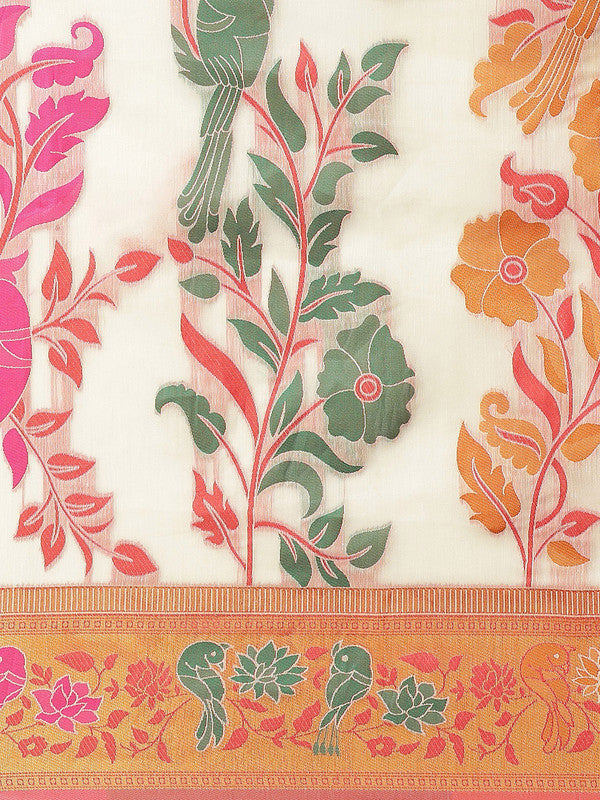 Off White Pure Cotton Woven Zari Design Paisley Saree with Unstitched Blouse - Hiral Fashion - Distacart