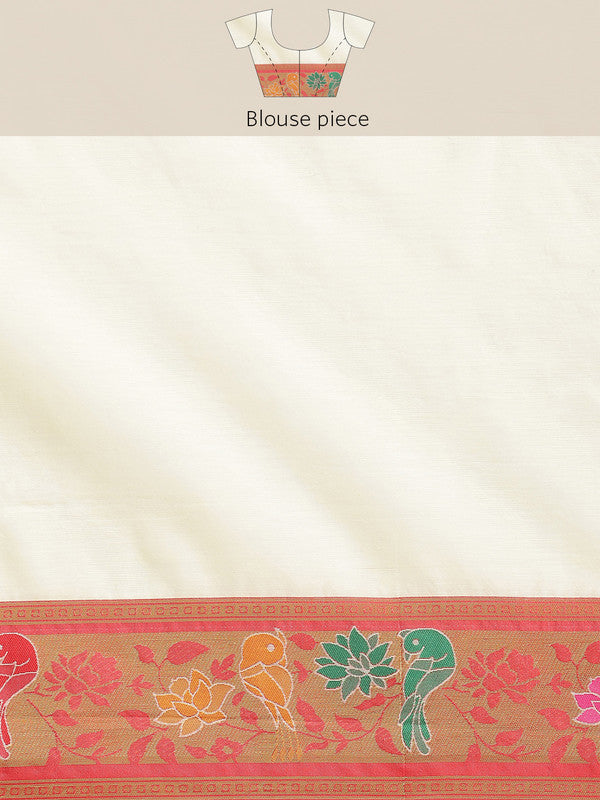 Off White Pure Cotton Woven Zari Design Paisley Saree with Unstitched Blouse - Hiral Fashion - Distacart