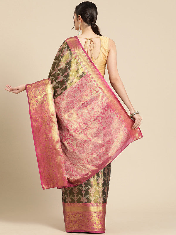 Black Brocade Zari Woven Floral Saree with Unstitched Blouse - Hiral Fashion - Distacart