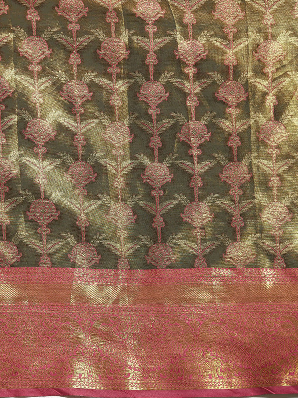 Black Brocade Zari Woven Floral Saree with Unstitched Blouse - Hiral Fashion - Distacart