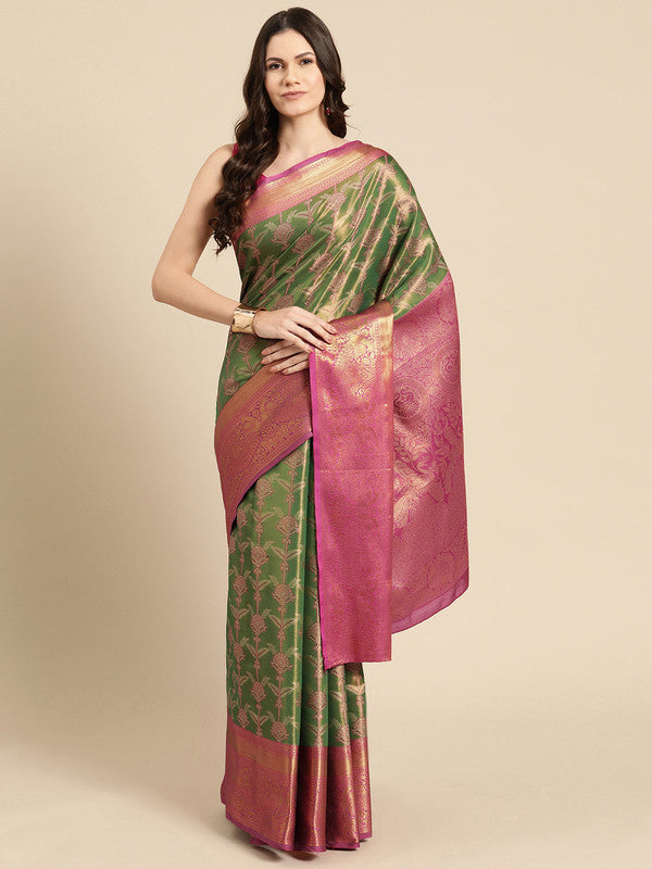 Green Brocade Zari Woven Floral Saree with Unstitched Blouse - Hiral Fashion - Distacart