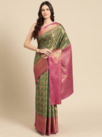 Thumbnail for Green Brocade Zari Woven Floral Saree with Unstitched Blouse - Hiral Fashion - Distacart