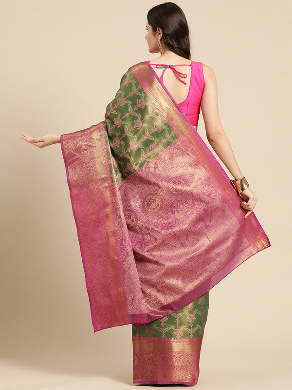 Green Brocade Zari Woven Floral Saree with Unstitched Blouse - Hiral Fashion - Distacart