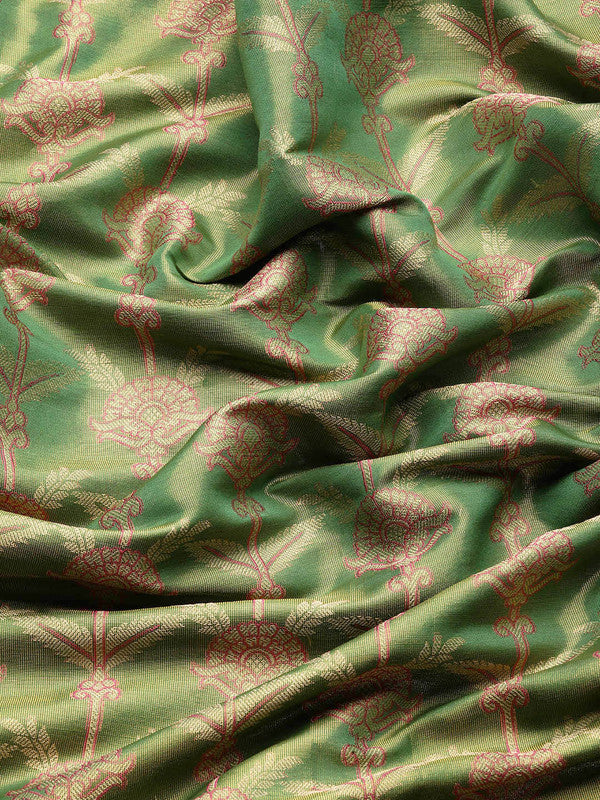 Green Brocade Zari Woven Floral Saree with Unstitched Blouse - Hiral Fashion - Distacart