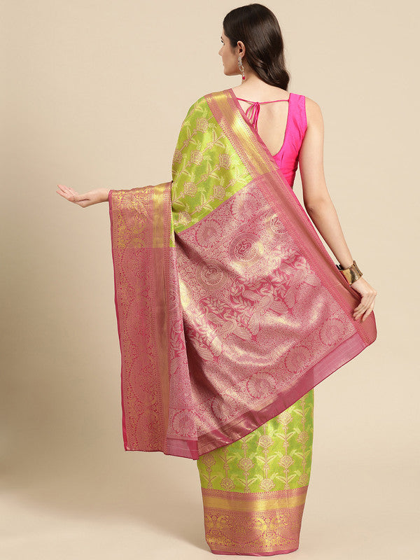 Green Brocade Zari Woven Floral Saree with Unstitched Blouse - Hiral Fashion - Distacart