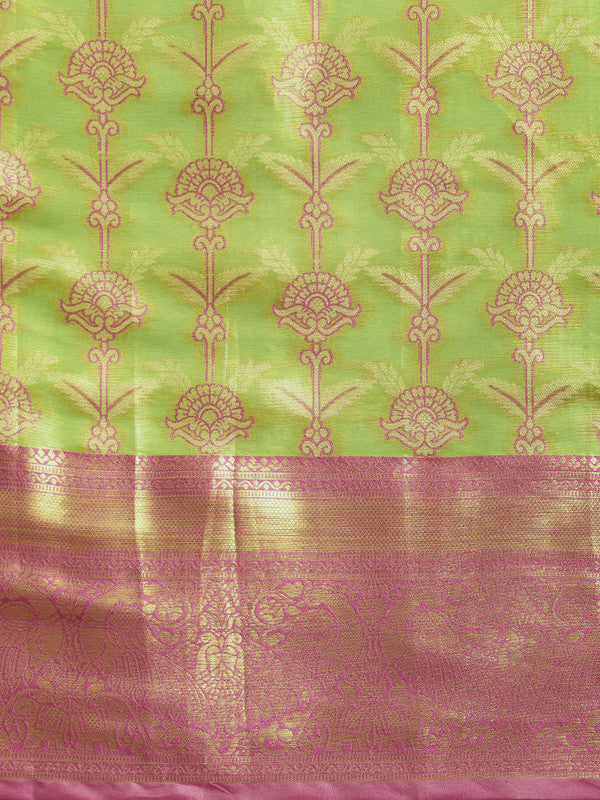 Green Brocade Zari Woven Floral Saree with Unstitched Blouse - Hiral Fashion - Distacart