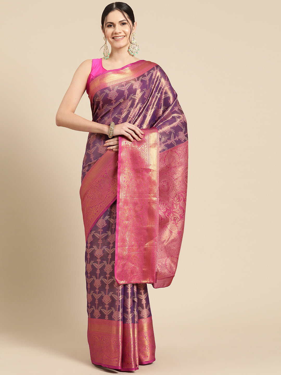 Purple Brocade Zari Woven Floral Saree with Unstitched Blouse - Hiral Fashion - Distacart