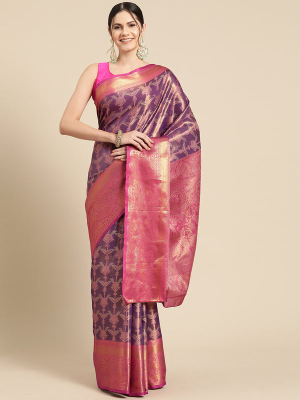 Purple Brocade Zari Woven Floral Saree with Unstitched Blouse - Hiral Fashion - Distacart
