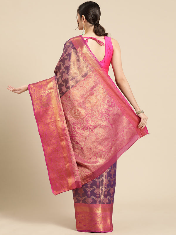 Purple Brocade Zari Woven Floral Saree with Unstitched Blouse - Hiral Fashion - Distacart