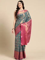 Thumbnail for Turquoise Brocade Zari Woven Floral Saree with Unstitched Blouse - Hiral Fashion - Distacart