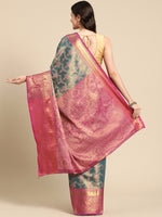 Thumbnail for Turquoise Brocade Zari Woven Floral Saree with Unstitched Blouse - Hiral Fashion - Distacart